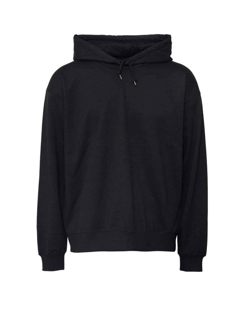 Pure waste Men's unisex black loose fit pullover recycled cotton hoodie with drawstring hood